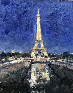 a painting of the eiffel tower at night