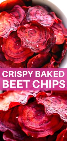 crispy baked beet chips in a bowl with text overlay that reads crispy baked beet chips