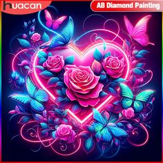 a heart shaped painting with roses and butterflies on the side, surrounded by pink flowers