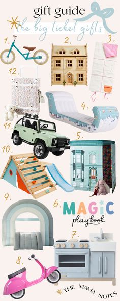 a poster with different types of furniture and accessories on it's side, including a toy