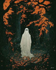 a ghostly ghost standing in the middle of a forest with orange leaves on it's ground