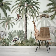 Tropical Jive Wallpaper Mural In Room With Rattan Chair India Wallpaper, House Playroom, Jungle Prints, Kindergarten Wallpaper, Space Kids, Mint Background, Green Jungle, Nursery Mural, Jungle Room