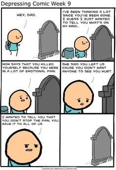 a comic strip with an image of a cartoon character in front of a tombstone