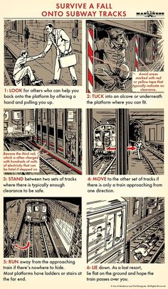 an image of instructions on how to survive a fall into subway tracks in the city