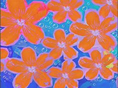 an abstract painting of orange flowers with bubbles in the water on a blue and pink background