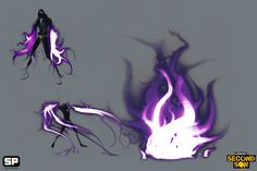 some purple and white flames on a gray background with black silhouettes in the foreground