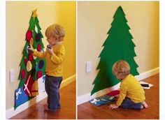 there are pictures of children decorating the christmas tree