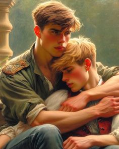 a painting of two boys hugging each other