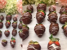 chocolate covered strawberries are lined up on a table with pink flowers in the background