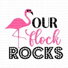 a pink flamingo with the words our flock rocks