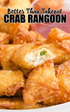 some food that is on a plate with the words, better than takeout crab rangoon