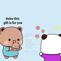 a cartoon bear holding a baby in his arms with the caption'bubut this gift is for you '