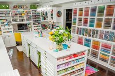 a room filled with lots of different types of crafting supplies on shelves and drawers