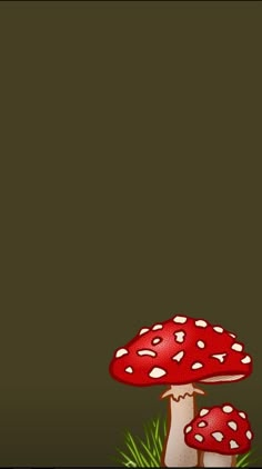 two mushrooms sitting on the ground next to some green grass and one mushroom is red