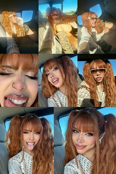 several pictures of a woman with long red hair and sunglasses in the back seat of a car