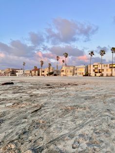 an empty beach with palm trees and buildings in the background