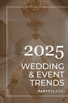 a white wedding and event tent with chandelier in the background text reads, 205 wedding & event trends partyslate