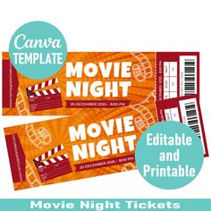 two movie tickets with the words movie night and printable ticket for movies on them