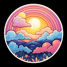 an image of a sunset with clouds and mountains in the background on a circular sticker