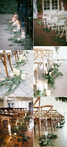 the wedding ceremony is decorated with candles and greenery