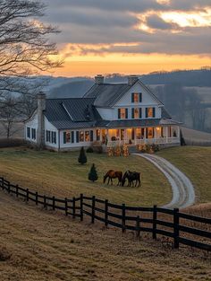 two horses are grazing in front of a large white house with a driveway leading to it