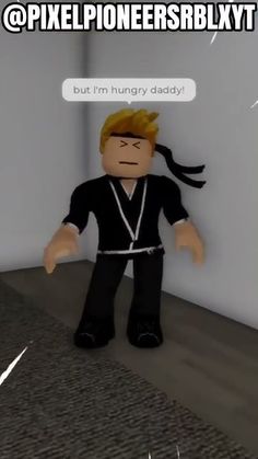 an animated image of a man with long hair in a black shirt and pants standing next to a wall