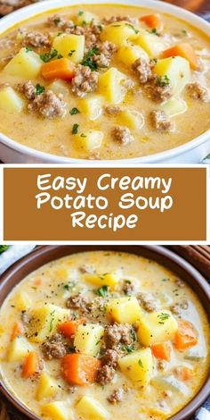 two bowls filled with creamy potato soup on top of a table