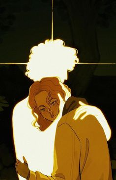 an animated image of a man and woman hugging in the dark with bright light coming from behind them