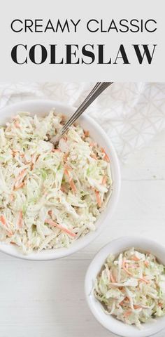 two white bowls filled with coleslaw on top of a white table next to a spoon