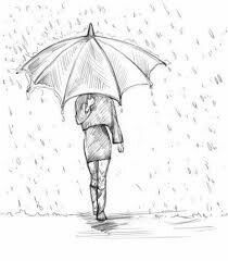 a drawing of a person walking in the rain while holding an umbrella over their head