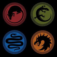 four dragon emblems in different colors on a black background, each with an individual's head