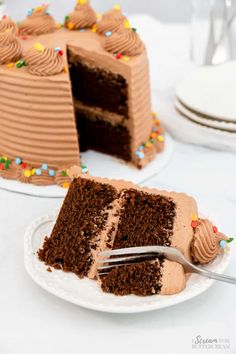 a piece of chocolate cake on a plate with a fork