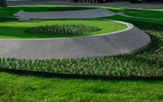 the grass is growing around the curved walkway