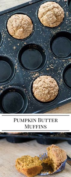 pumpkin butter muffins in a muffin pan with the muffin cut out