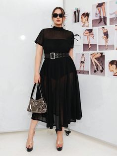 Black Elegant Collar   Plain  Embellished Medium Stretch  Women Plus Clothing Plus Size Mesh Dress, Black Belted Mini Dress For Summer, Strapless Bodysuit, Shein Icon, Vestido Plus Size, Co Ords, Dress Set, Sheer Dress, Mesh Dress