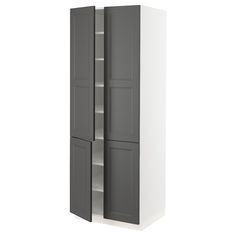 a tall cabinet with two doors and shelves