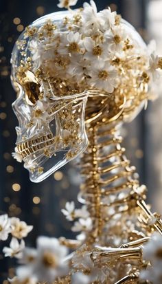 a skeleton with flowers in it's head and gold chains around its neck on display