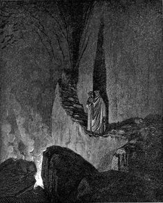 an old black and white drawing of a man standing at the edge of a cave