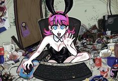 a woman with pink hair sitting in a computer chair surrounded by clutter and junk