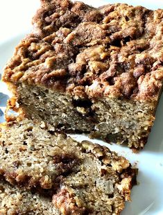 two slices of banana bread on a white plate