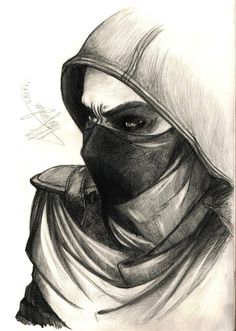 a pencil drawing of a person wearing a hood and scarf, with the head covering over their face