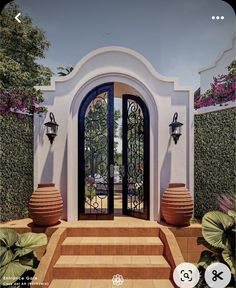 an image of a front door with stairs leading up to it and potted plants on either side