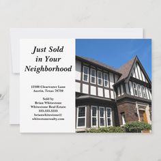 a business card with an image of a house and the words just sold in your neighborhood