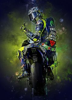 a man riding on the back of a motorcycle in front of a green and blue background