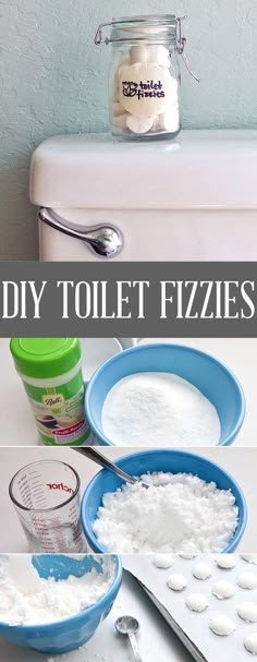 diy toilet fizzies in blue bowls with spoons and measuring cups on the side