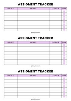 two printable assignment trackers with the words assignment tracker in pink and black on them