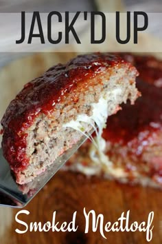 a close up of a meatloaf on a wooden cutting board with text overlay