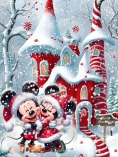 mickey and minnie mouse kissing in front of a christmas castle with candy canes on it