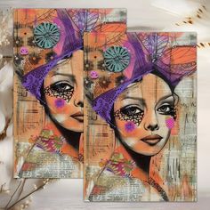 two canvases with an image of a woman's face and purple feathers on them