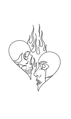 two people face to face in the shape of a heart with flames coming out of them